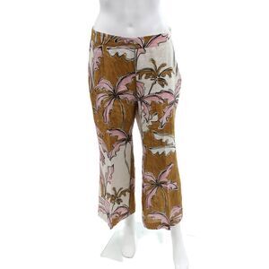 Mirto Womens Linen Printed High Rise Wide Leg Pants Beige Pink EUR 40
